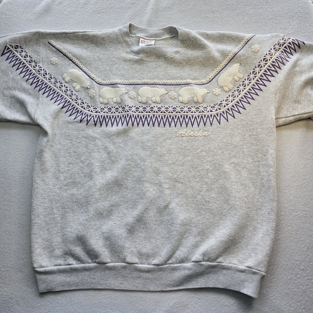 VTG 90s Hanes Alaska Polar Bear Sweatshirt XL Gray Puff Print USA Fabric XL Gorp